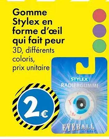 Gomme Stylex en forme d’œil qui fait peur 3D, différents coloris, prix unitaire