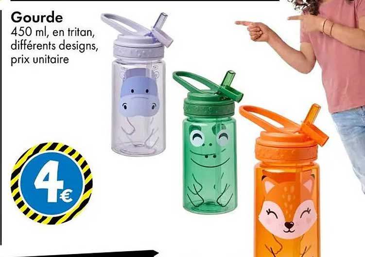 Gourde 450 ml, en tritan, différents designs, prix unitaire