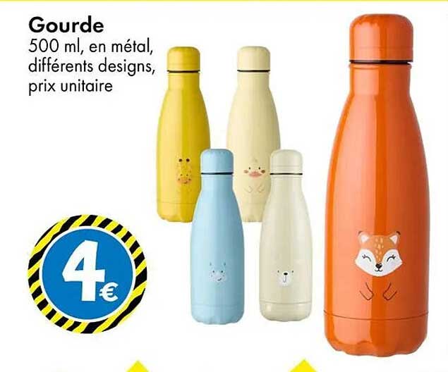 Gourde 500 ml, en métal, différents designs, prix unitaire