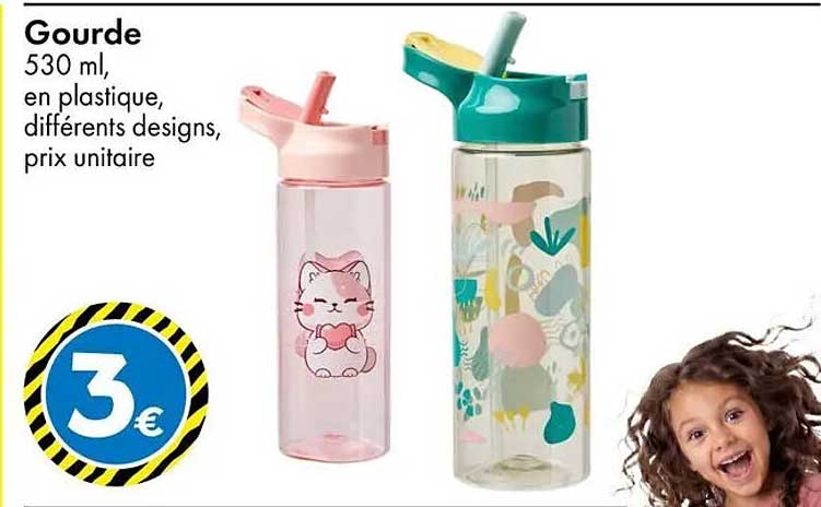 Gourde 530 ml, en plastique, différents designs, prix unitaire