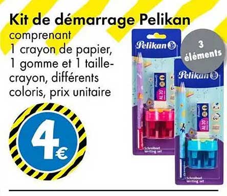 Kit de démarrage Pelikan comprenant 1 crayon de papier, 1 gomme et 1 taille-crayon, différents coloris, prix unitaire