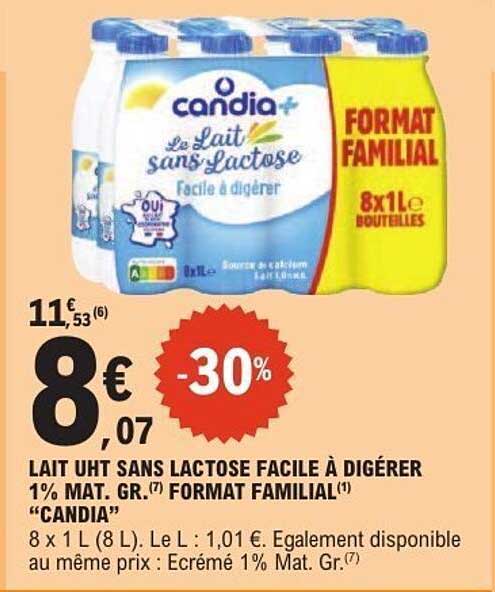 LAIT UHT SANS LACTOSE FACILE À DIGÉRER 1% MAT. GR. FORMAT FAMILIAL “CANDIA”