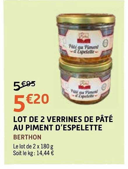 LOT DE 2 VERRINES DE PÂTÉ AU PIMENT D'ESPELETTE BERTHON