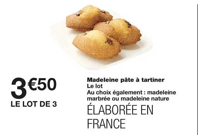 Madeleine pâte à tartiner Le lot Au choix également : madeleine marbrée ou madeleine nature ÉLABORÉE EN FRANCE