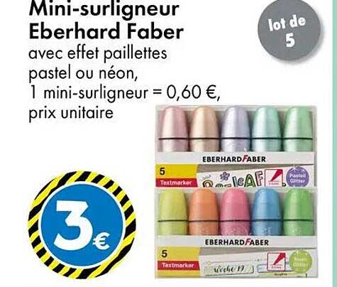Mini-surligneur Eberhard Faber avec effet paillettes pastel ou néon, 1 mini-surligneur = 0,60 €, prix unitaire
