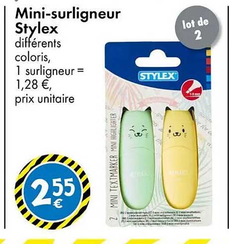 Mini-surligneur Stylex différents coloris, 1 surligneur = 1,28 €, prix unitaire