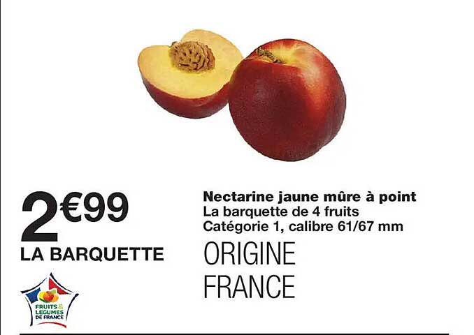Nectarine jaune mûre à point La barquette de 4 fruits Catégorie 1, calibre 61/67 mm ORIGINE FRANCE