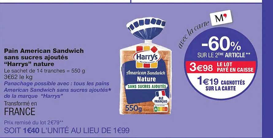 Pain American Sandwich sans sucres ajoutés “Harrys” nature