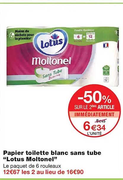 Papier toilette blanc sans tube “Lotus Moltonel”