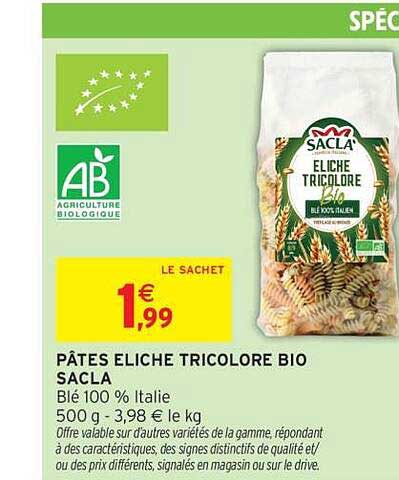 PÂTES ELICHE TRICOLORE BIO SACLA