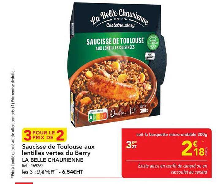 Saucisse de Toulouse aux lentilles vertes du Berry LA BELLE CHAUVIENNE