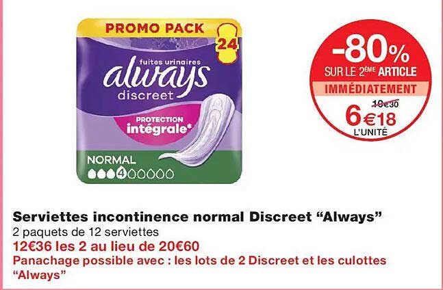 Serviettes incontinence normal Discreet “Always”