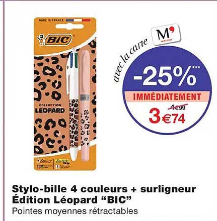 Stylo-bille 4 couleurs + surligneur Édition Léopard “BIC”