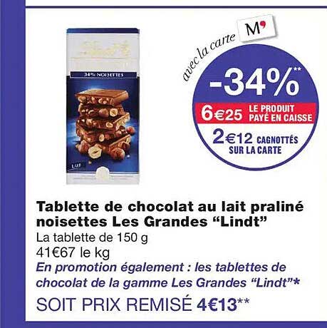 Tablette de chocolat au lait praliné noisettes Les Grandes “Lindt”