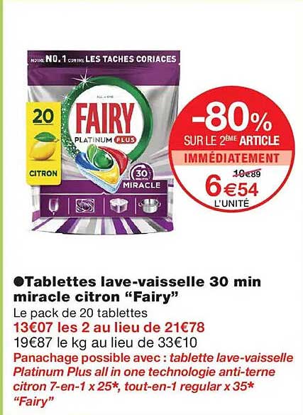 Tablettes lave-vaisselle 30 min miracle citron “Fairy”