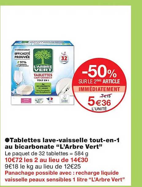 Tablettes lave-vaisselle tout-en-1 au bicarbonate “L’Arbre Vert”