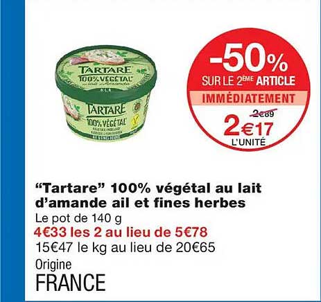 "Tartare" 100% végétal au lait d’amande ail et fines herbes