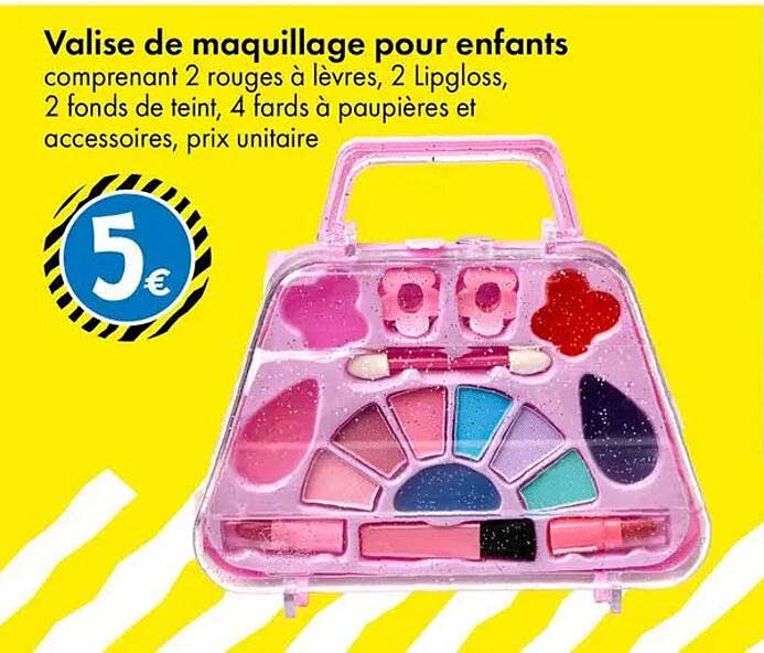 Valise de maquillage pour enfants comprenant 2 rouges à lèvres, 2 Lipgloss, 2 fonds de teint, 4 fards à paupières et accessoires, prix unitaire