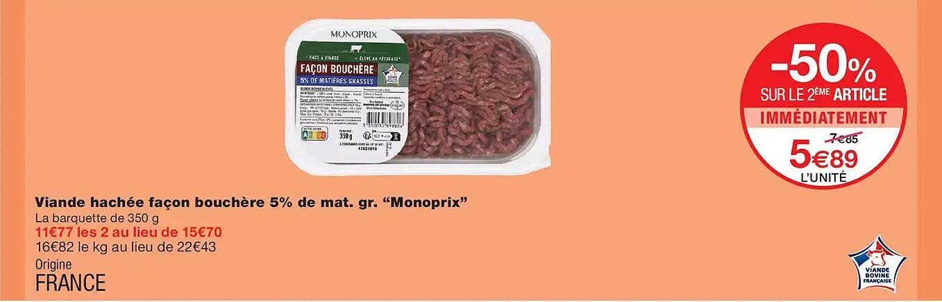 Viande hachée façon bouchère 5% de mat. gr. “Monoprix”