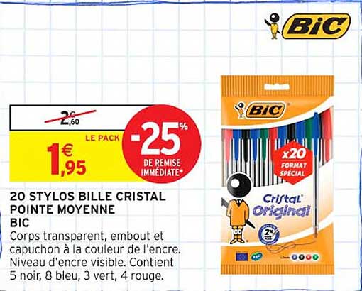 20 STYLOS BILLE CRISTAL POINTE MOYENNE