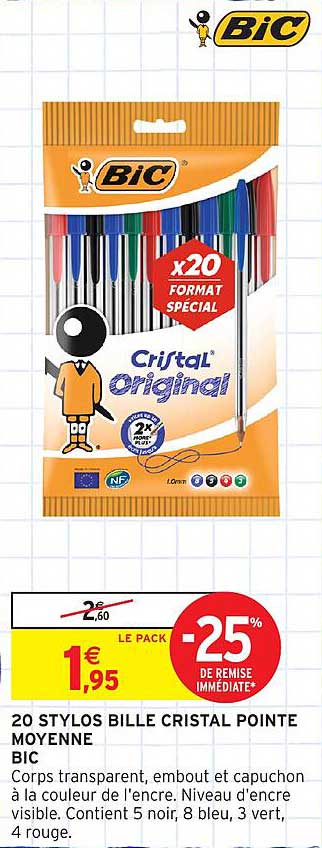 20 STYLOS BILLE CRISTAL POINTE MOYENNE BIC