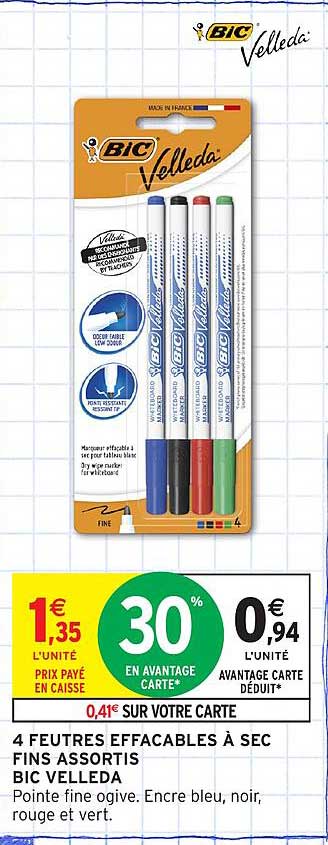 4 feutres effaçables à sec fins assortis BIC Velleda