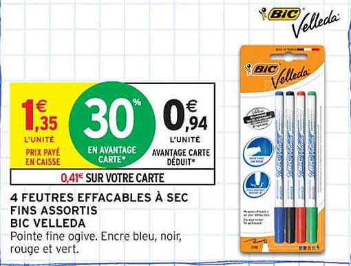 4 FEUTRES EFFACABLES À SEC FINS ASSORTIS BIC VELLEDA