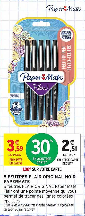 5 feutres Flair Original Noir Paper Mate