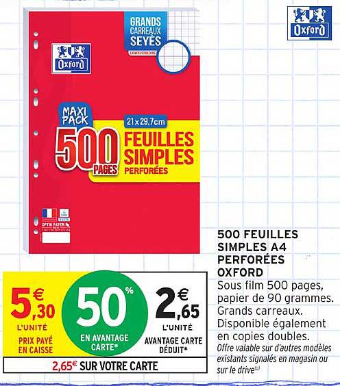 500 FEUILLES SIMPLES A4 PERFOREES OXFORD