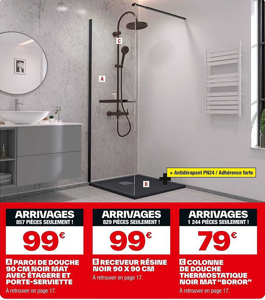 A PAROI DE DOUCHE 90 CM NOIR MAT AVEC ÉTAGÈRE ET PORTE-SERVIETTE