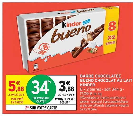 BARRE CHOCOLATÉE BUENO CHOCOLAT AU LAIT KINDER