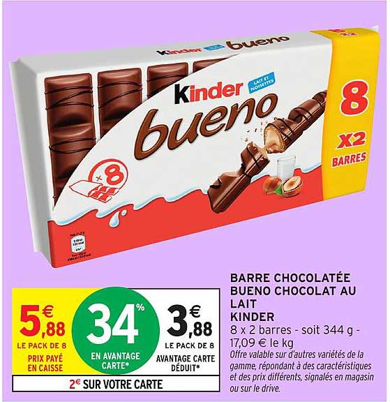 BARRE CHOCOLATÉE BUENO CHOCOLAT AU LAIT KINDER