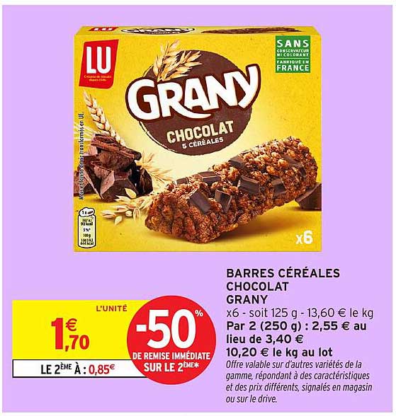 BARRES CÉRÉALES CHOCOLAT GRANY