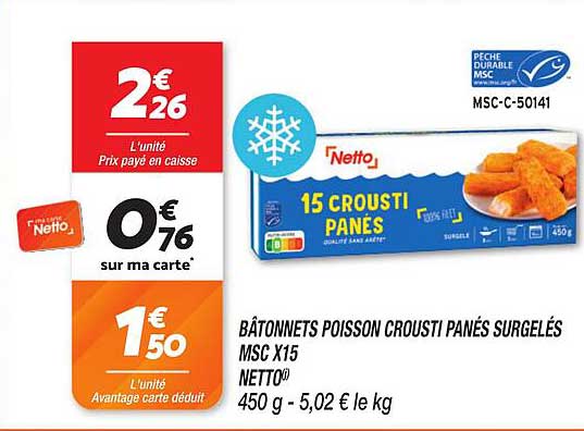BÂTONNETS POISSON CROUSTI PANÉS SURGELÉS MSC X15