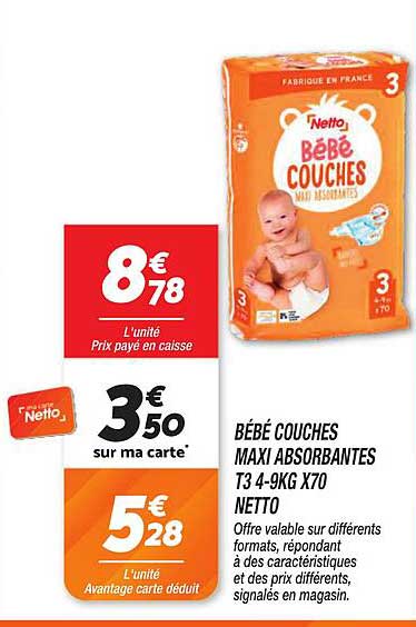 BÉBÉ COUCHES MAXI ABSORBANTES T3 4-9KG X70 NETTO