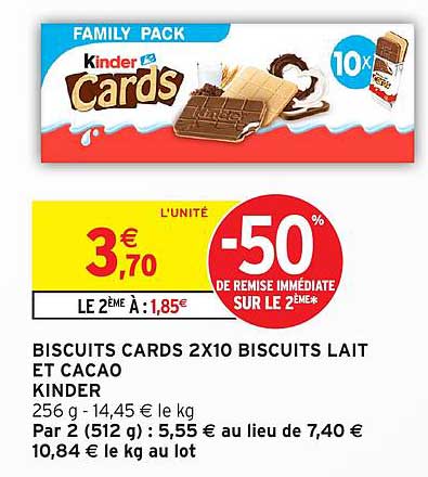 BISCUITS CARDS 2X10 BISCUITS LAIT ET CACAO KINDER