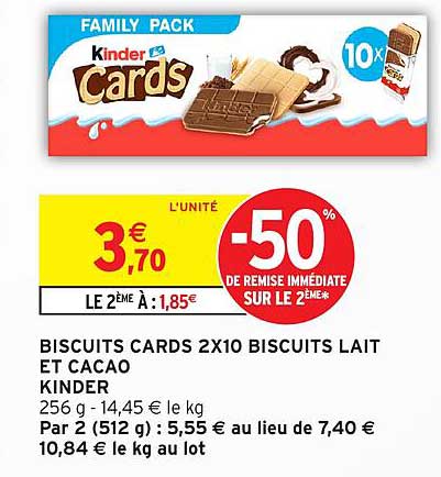 BISCUITS CARDS 2X10 BISCUITS LAIT ET CACAO KINDER