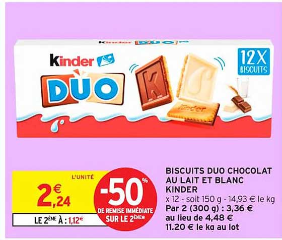 BISCUITS DUO CHOCOLAT AU LAIT ET BLANC KINDER