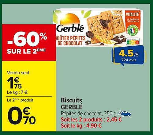 Biscuits Gerblé Pépites de chocolat, 250 g.