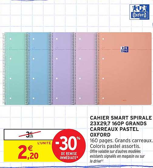 CAHIER SMART SPIRALE 23X29,7 160P GRANDS CARREAUX PASTEL OXFORD