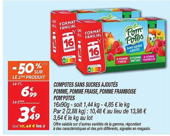 COMPOTES SANS SUCRES AJOUTÉS POMME, POMME FRAISE, POMME FRAMBOISE POM'POTES