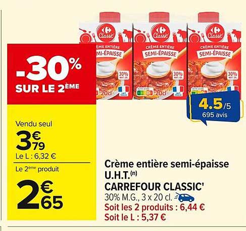 Crème entière semi-épaisse U.H.T. Carrefour Classic'