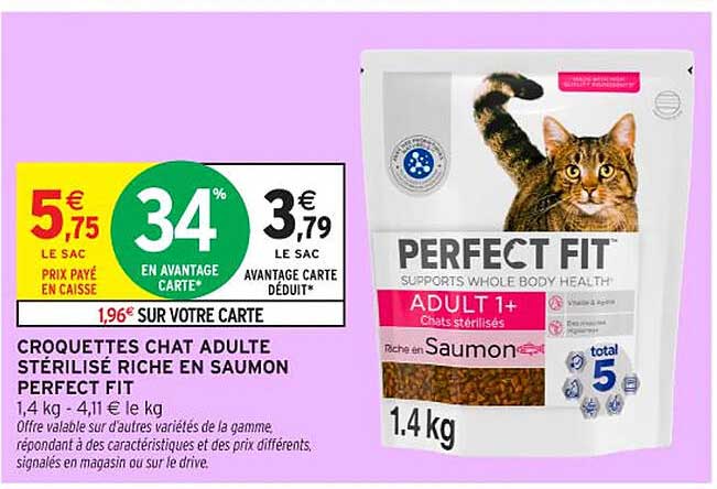 CROQUETTES CHAT ADULTE STÉRILISÉ RICHE EN SAUMON PERFECT FIT
