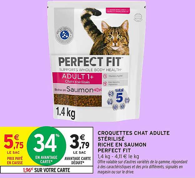 Croquettes chat adulte stérilisé riche en saumon PERFECT FIT