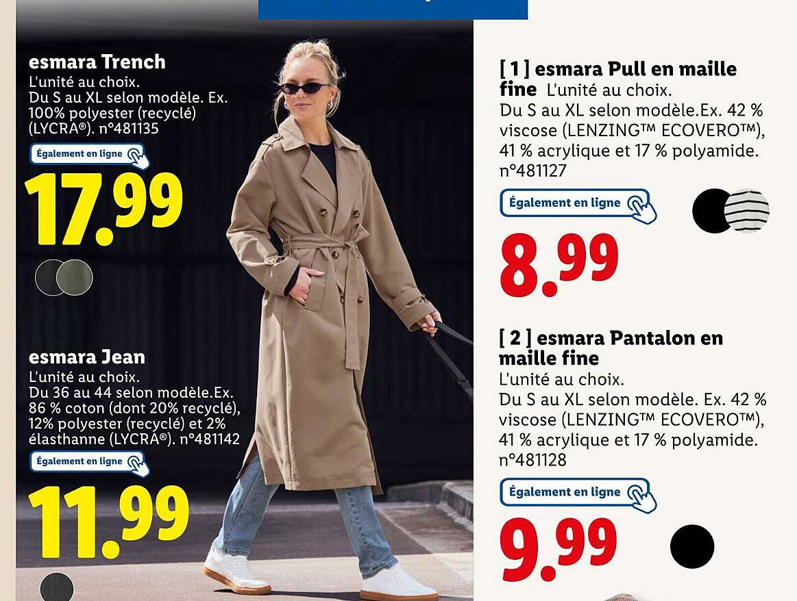 esmarа Pull en maille fine L'unité au choix. Du S au XL selon modèle. Ex. 42 % viscose (LENZING™ ECOVEROT™), 41 % acrylique et 17 % polyamide.