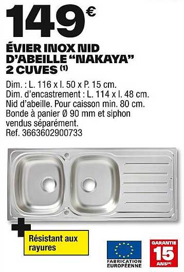 ÉVIER INOX NID D’ABEILLE “NAKAYA” 2 CUVES