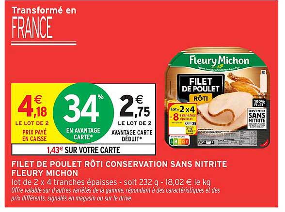 FILET DE POULET RÔTI CONSERVATION SANS NITRITE FLEURY MICHON