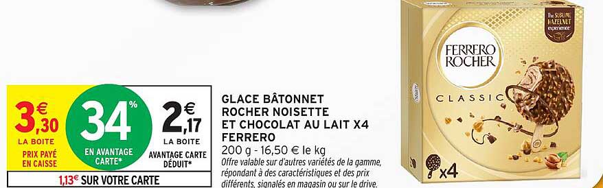 GLACE BÂTONNET ROCHER NOISETTE ET CHOCOLAT AU LAIT X4 FERRERO