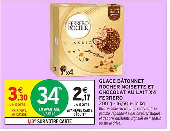 GLACE BÂTONNET ROCHER NOISETTE ET CHOCOLAT AU LAIT X4 FERRERO