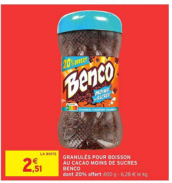 GRANULÉS POUR BOISSON AU CACAO MOINS DE SUCRES BENCO